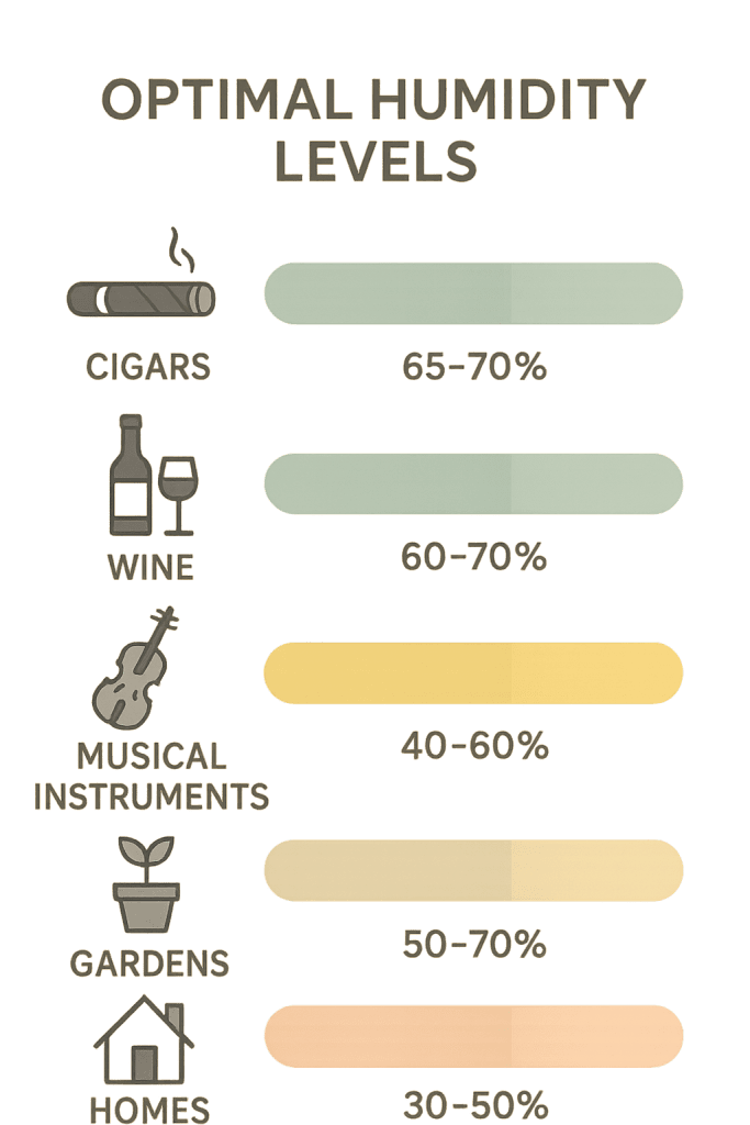 Visual guide to optimal humidity levels for different applications and uses
