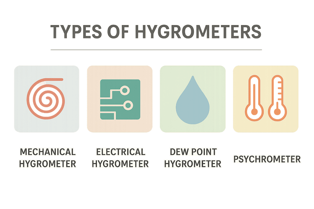 Infographic displaying the four main types of hygrometers and how they work
