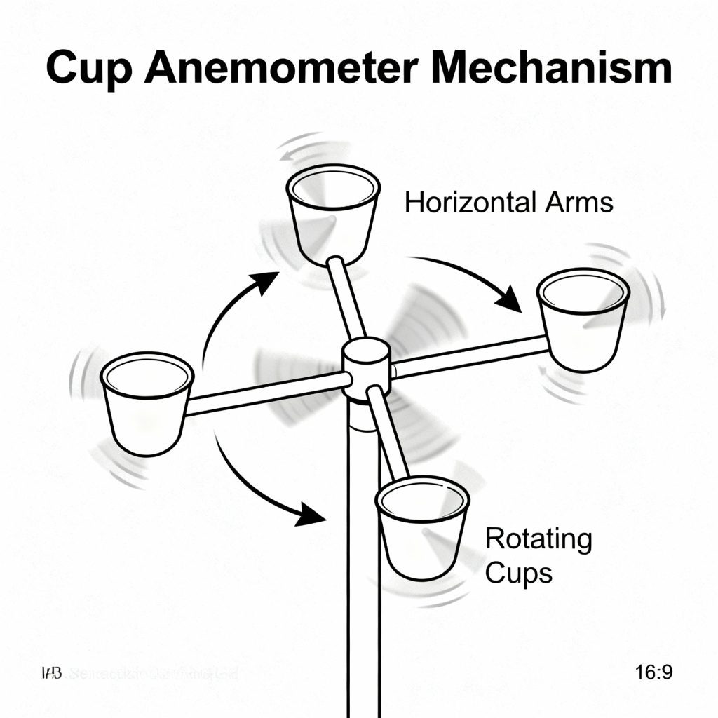 Cup anemometer cups and rotor in motion