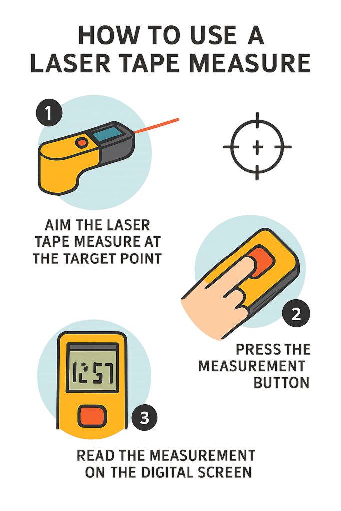 Step-by-step visual guide for using a laser tape measure correctly