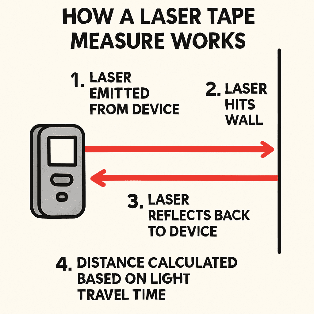 Infographic showing how laser tape measure technology works with light beam paths