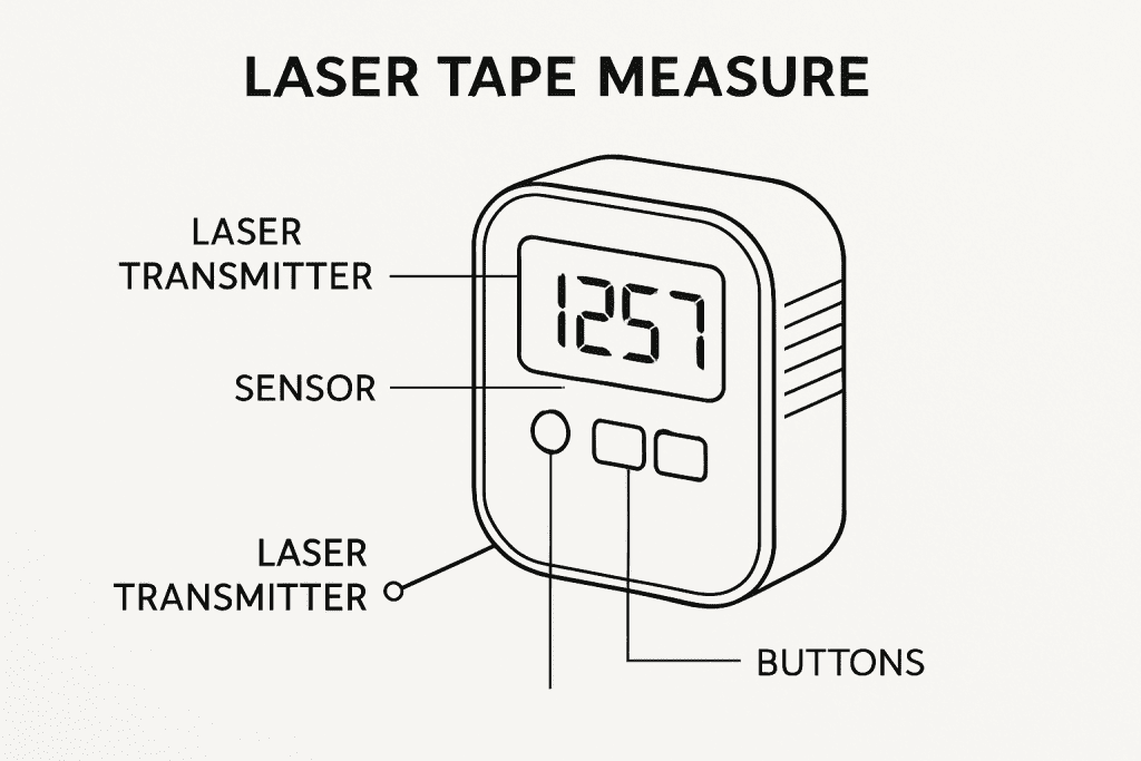 Detailed diagram showing key components inside a laser tape measure