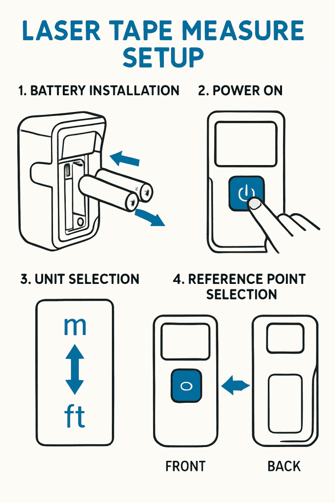 Step-by-step setup guide for laser tape measure including batteries, power button, unit selection