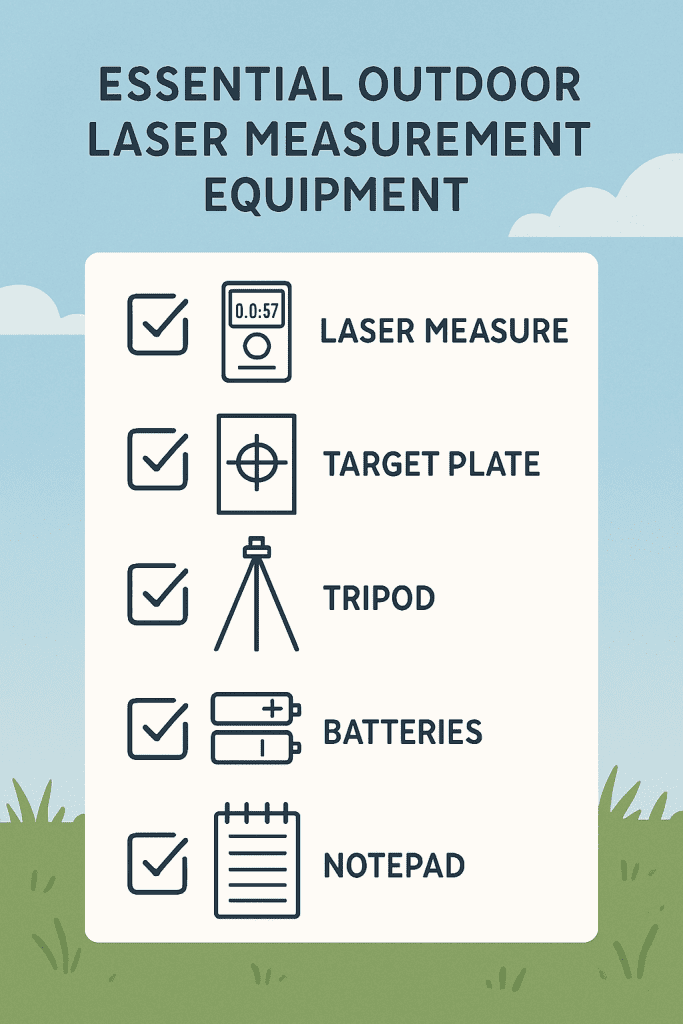 Essential outdoor laser measurement equipment including laser measure, reflective target plate, tripod, batteries, measuring tape, notepad, and sunglasses