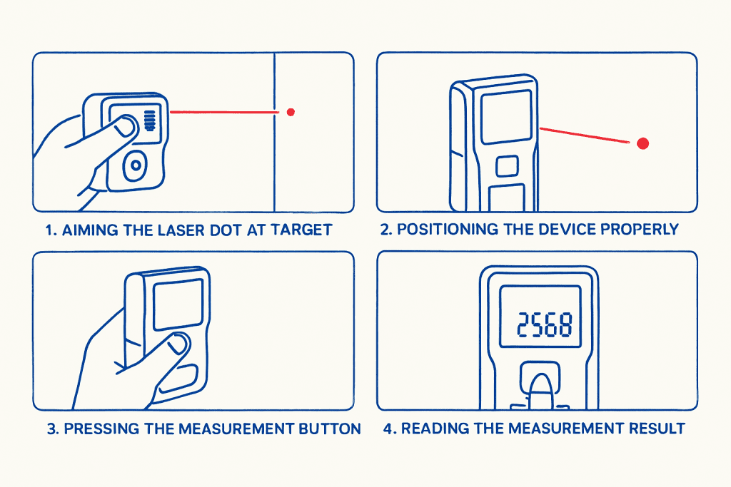 Step Measurement Process: Position, Aim, Steady, Press, Wait, Read Results