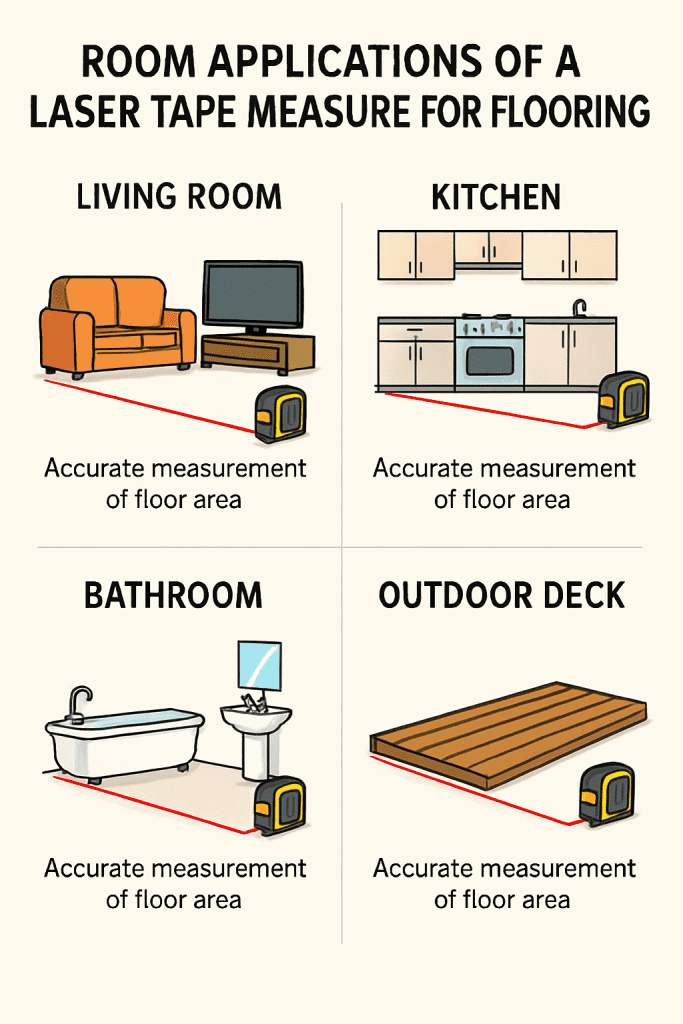 Laser tape measure applications for measuring living room flooring, kitchen cabinets, bathroom tile, outdoor deck, real estate