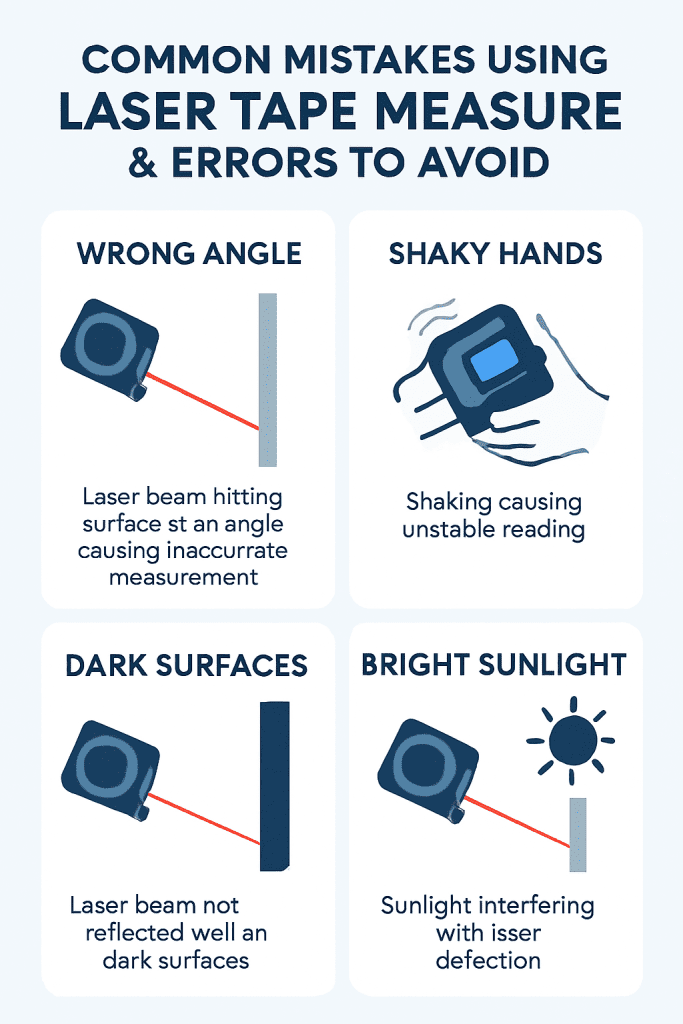 Common laser tape measure mistakes including angled measurements, hand movement, surface issues, and solutions