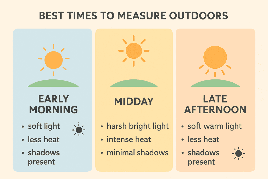 Best times for outdoor laser measurement showing sun positions from early morning through late afternoon with optimal and poor measuring times identified