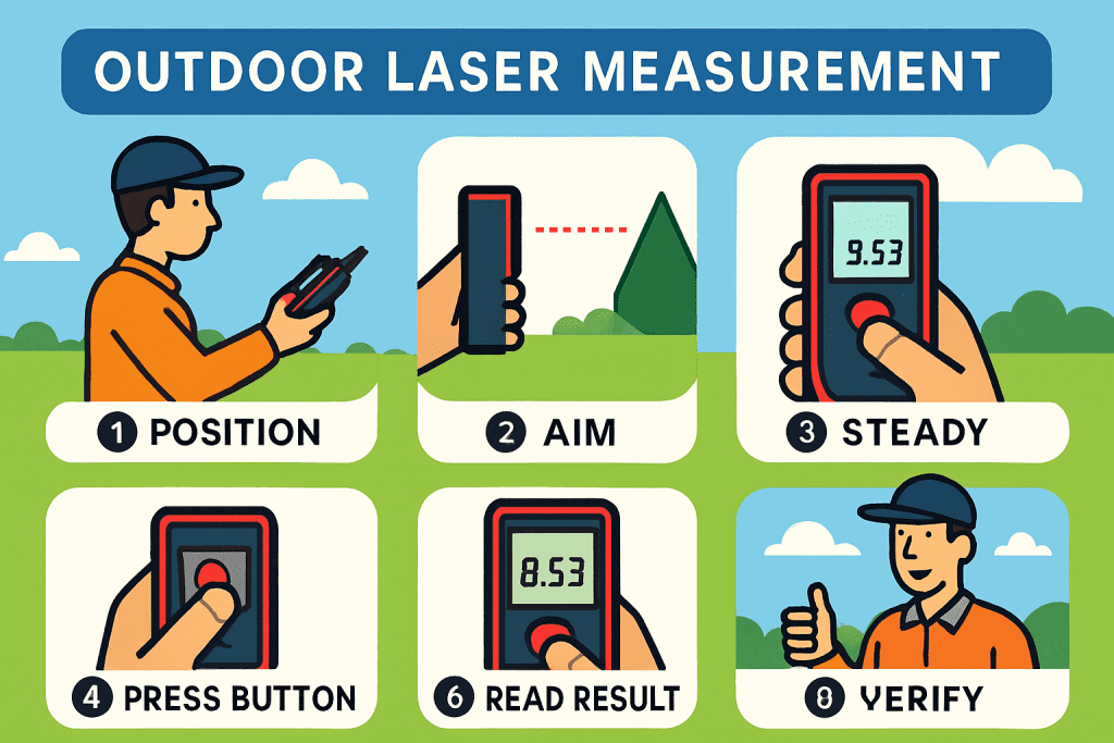 Step-by-step outdoor laser measurement process from equipment preparation through verification and recording of results