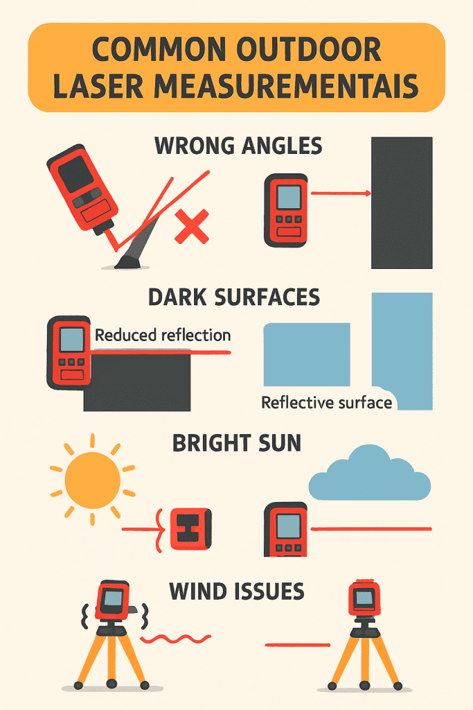Common outdoor laser measurement mistakes including forgetting target plate, measuring during harsh midday sun, not holding device steady, relying on single measurements, ignoring wind effects, and poor target positioning