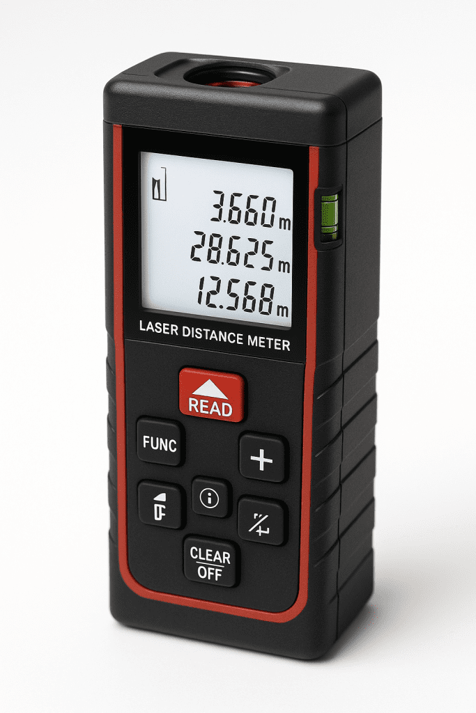 Laser distance meter showing digital display and key components