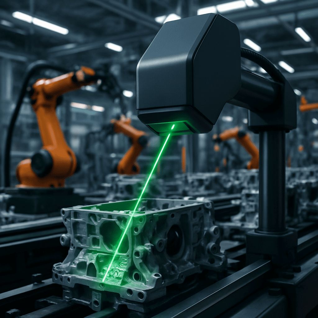 Phase-shift laser measurement system scanning precision automotive engine block and components on manufacturing assembly line for quality control