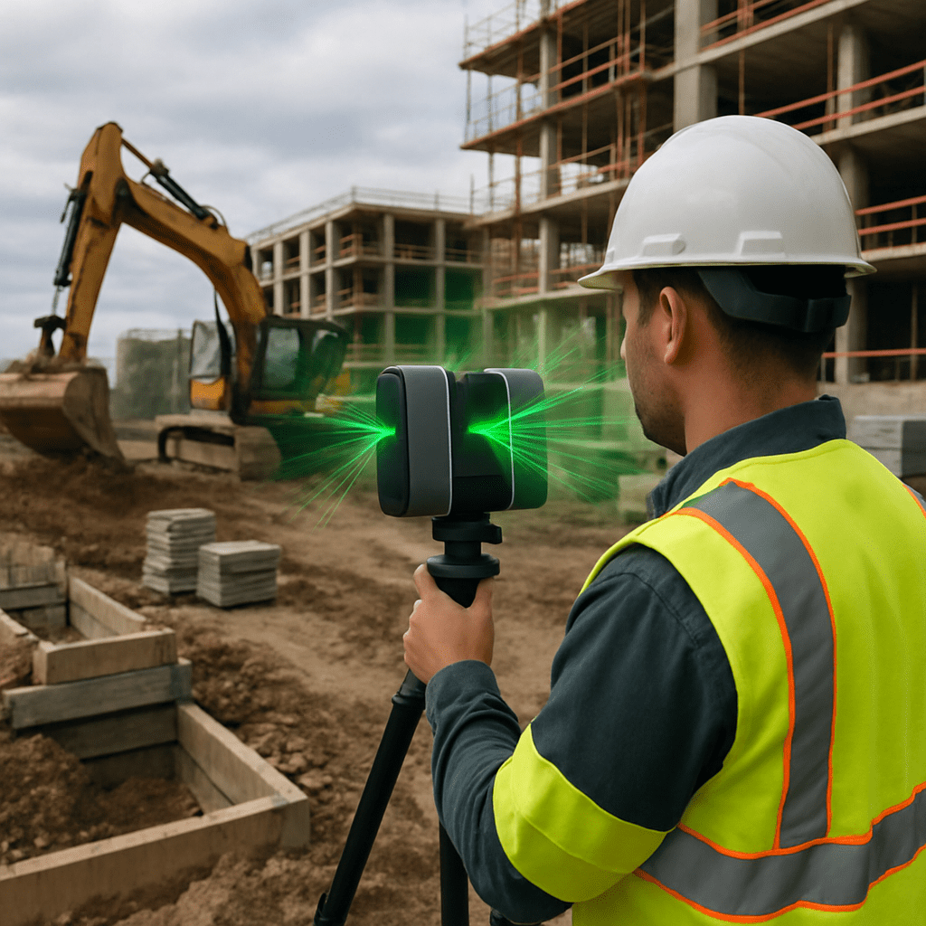Time-of-flight laser scanner surveying a large multi-kilometer construction site terrain from distance with high precision
