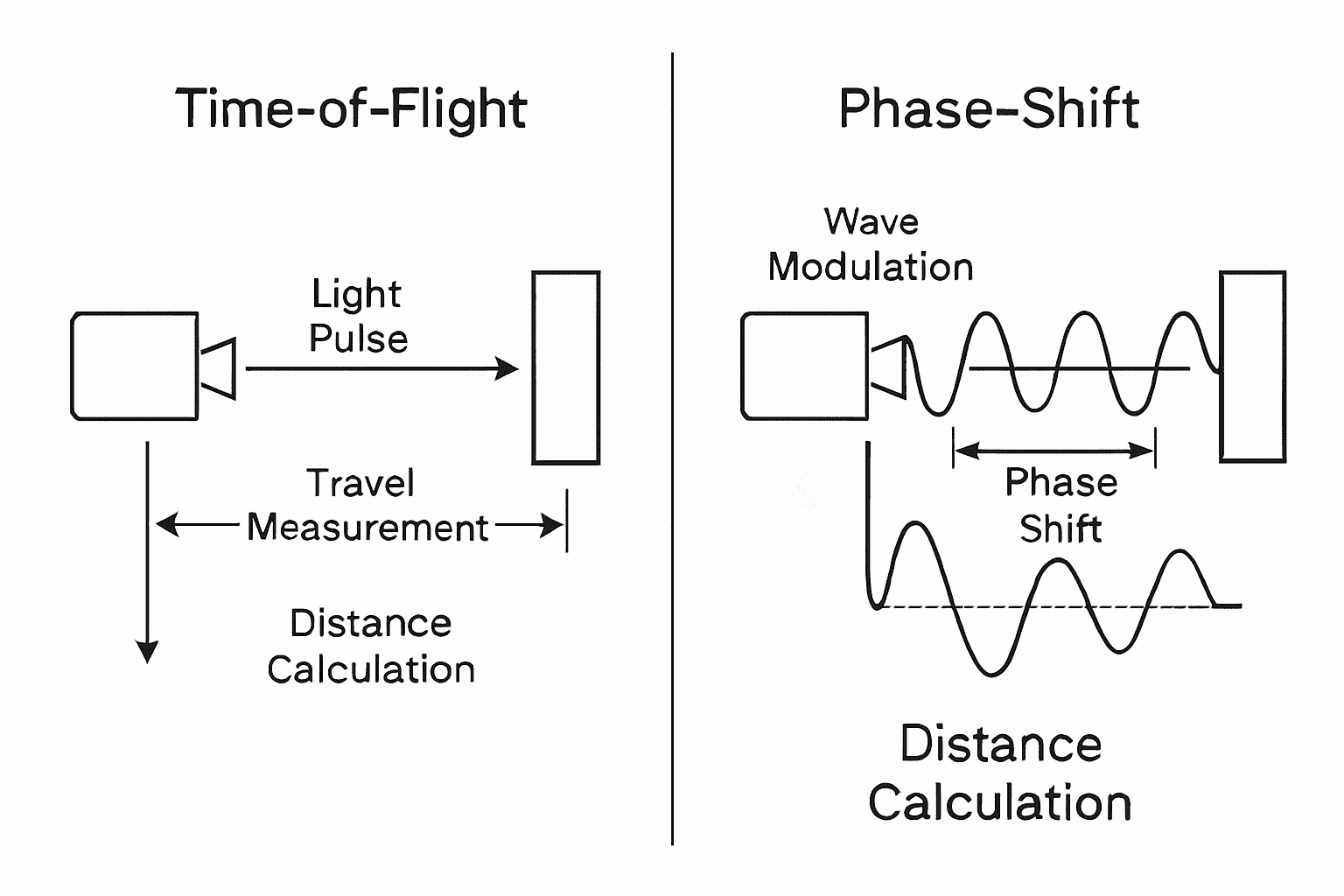Comparison diagram showing time-of-flight light pulse method traveling to target versus phase-shift continuous wave modulation laser measurement principle