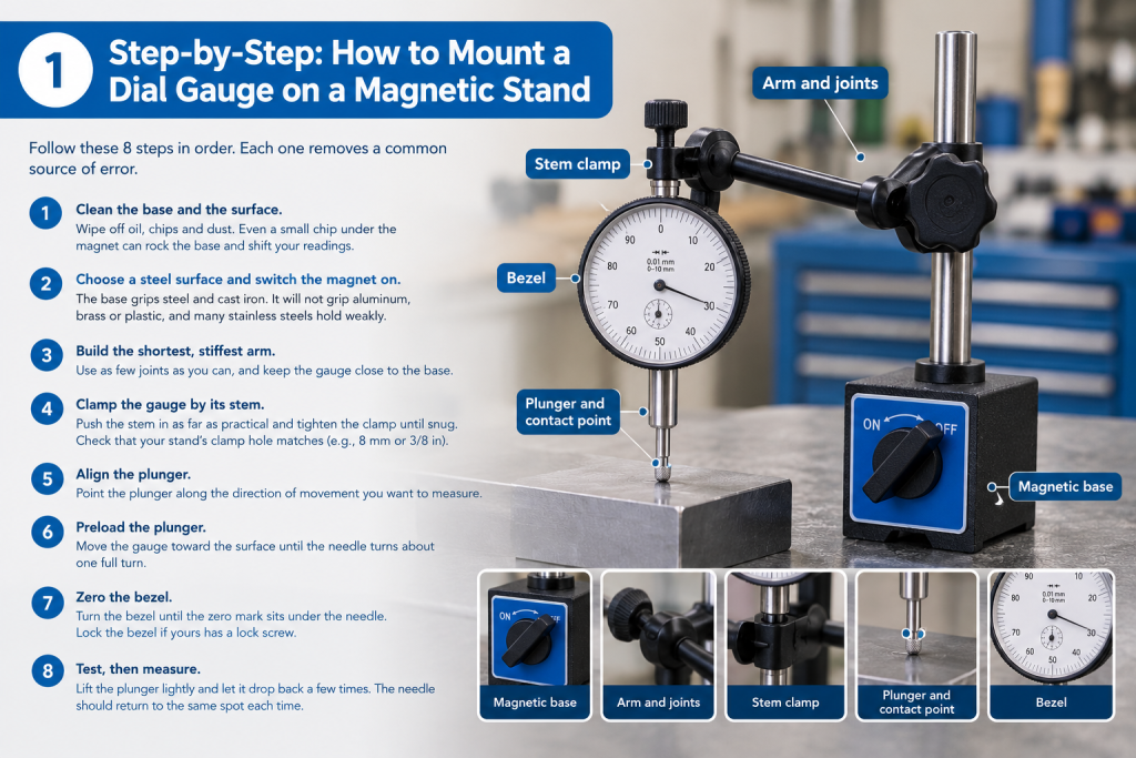 Labeled parts of a dial gauge magnetic stand