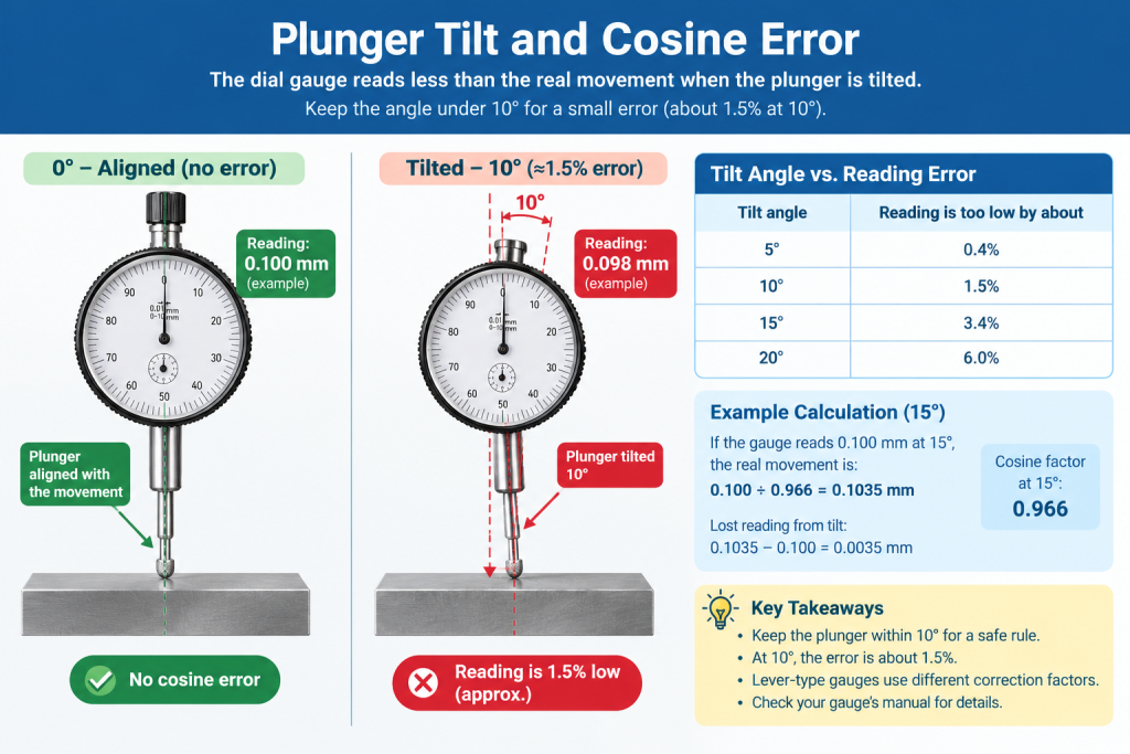 Plunger tilt angle causing cosine error on a dial gauge