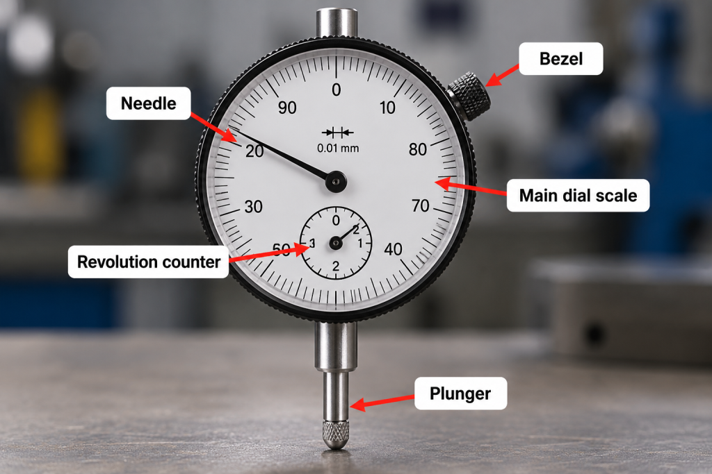 Labeled parts of a dial indicator