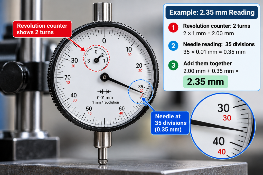 Dial indicator reading 2.35 mm example.