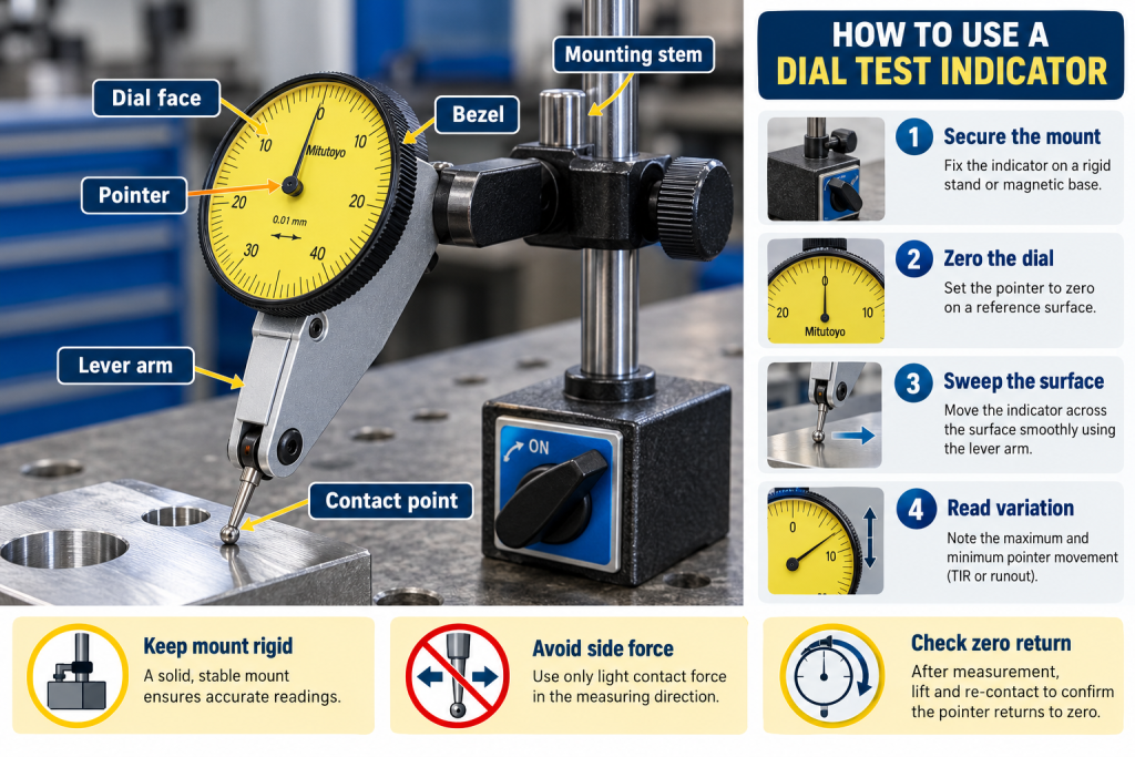 Main parts of a lever-type dial test indicator
