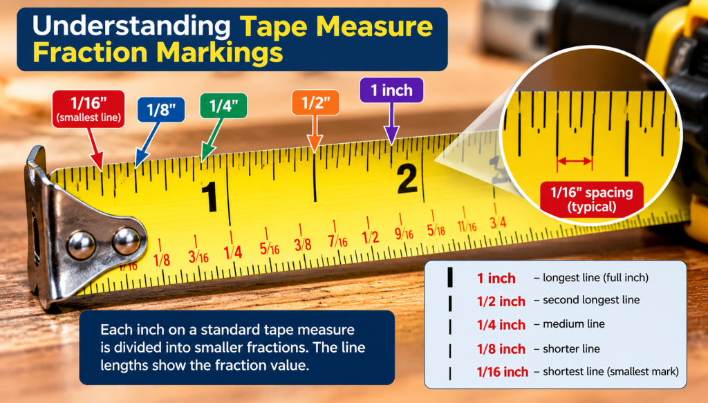 Tape measure fraction markings showing 1/16, 1/8, 1/4, 1/2 and full-inch divisions.